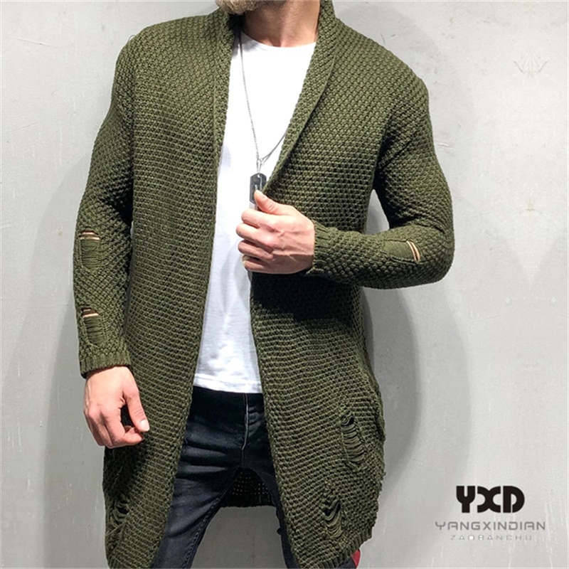 Brand Men Clothes Hole Jacquard Knitted Cardigan Men Long Style Sweater Jacket 2020 Streetwear Windbreaker Men Coat Casual K pop